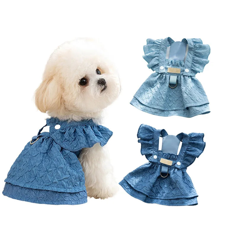 Denim Dog Dresses for Small Dogs, Puppy Girl Clothes with Leash Ring, Flying Sleeves, Summer Cat Apparel, Blue Chihuahua Outfits