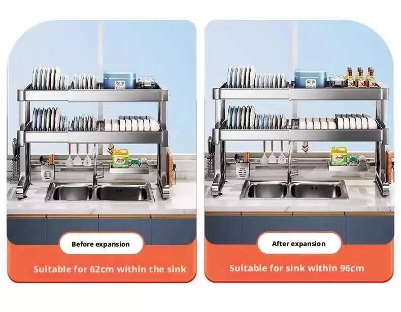 Over Sink Dish Drying Rack Stainless Steel Expandable Drain Bowl Holder Shelf Kitchen Counter Dish Storage Rack Hanger Shelves