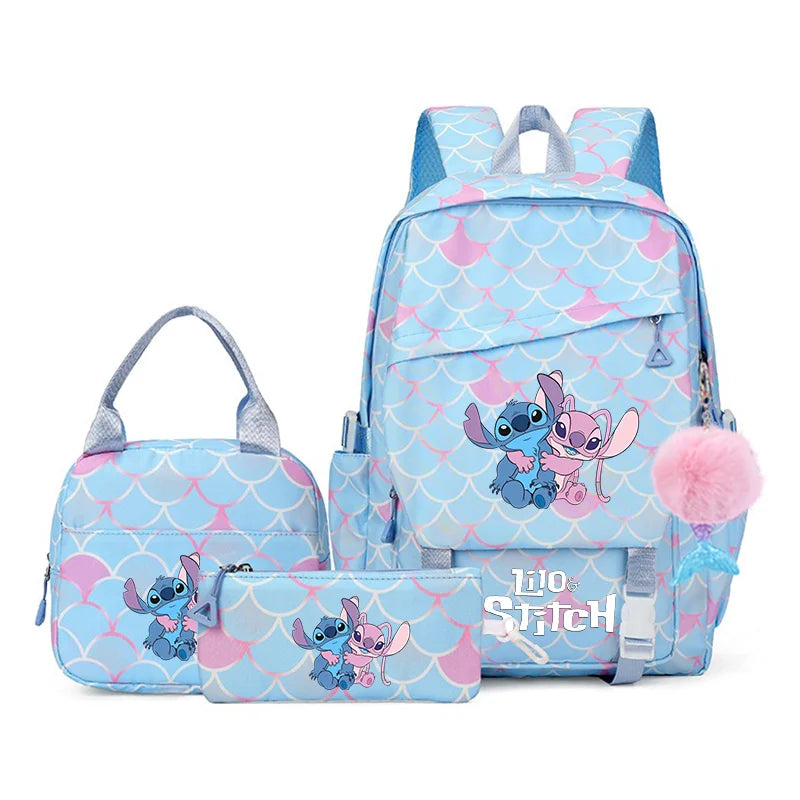 3Pcs Backpack Set Lilo Stitch Girl Kid Student Schoolbags Double Shoulder Bag Travel Pen Lunch Bag Kawaii Bookbag Laptop Bag Set