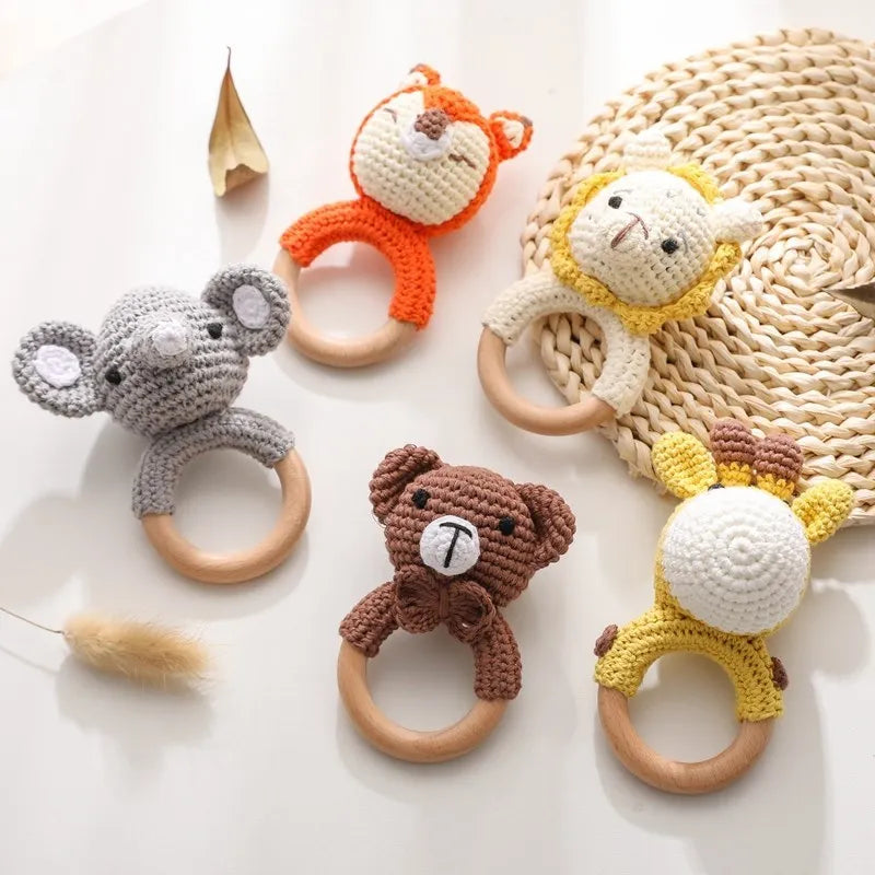 Let's Make Baby Rattles Crochet Bunny Rattle Toy Wood Ring Baby Teether Rodent Baby Gym Mobile Newborn Educational Rattles Toys
