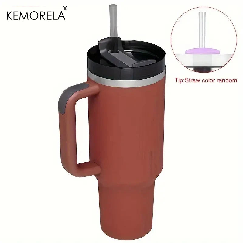 KEMORELA 1PC 900/1200ML Large Capacity Cold Cup Tumbler Stainless Steel Cup Straw Ice Cup Car Cup Handle Thermos Cup Drinkware