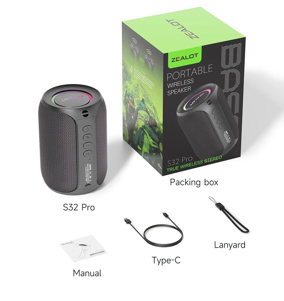 ZEALOT-S32PRO 15W Portable Bluetooth 5.2 Speaker Outdoor Waterproof Wireless TWS Mini Column Box Speaker Outdoor TF Card