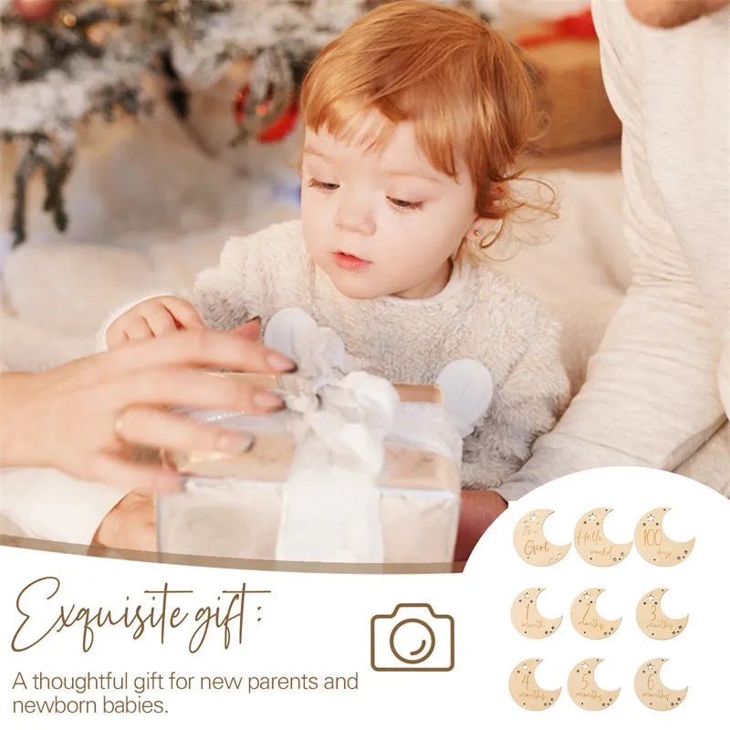 Baby Wooden Memorial Monthly Cards Moon Shape Monthly Newborn Engraved Age Photography Props Accessories Baby Birthing Gift