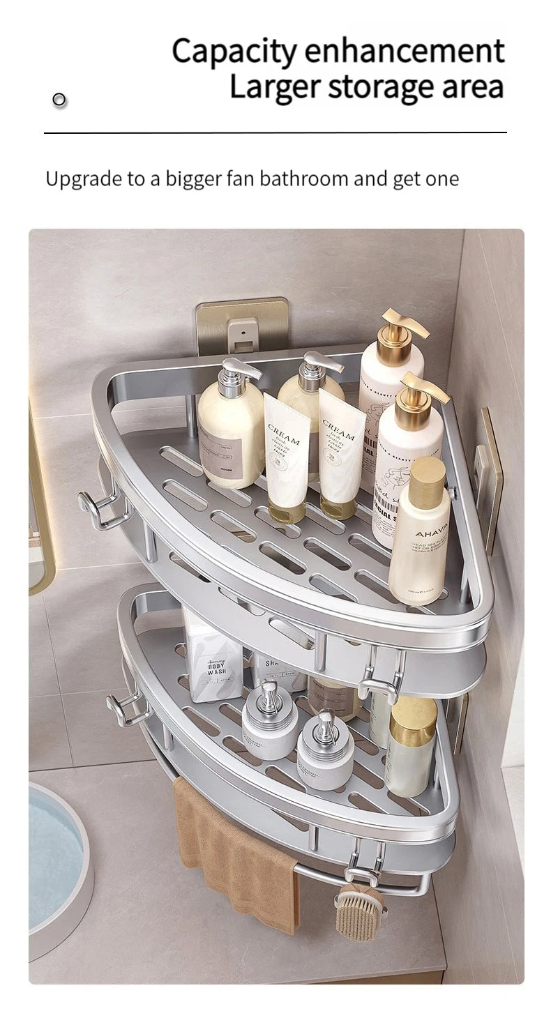 No Need to Drill Walls for Installation Aluminum Bathroom Shelf Shelves Shampoo Rack Storage Holder Kitchen Organizer