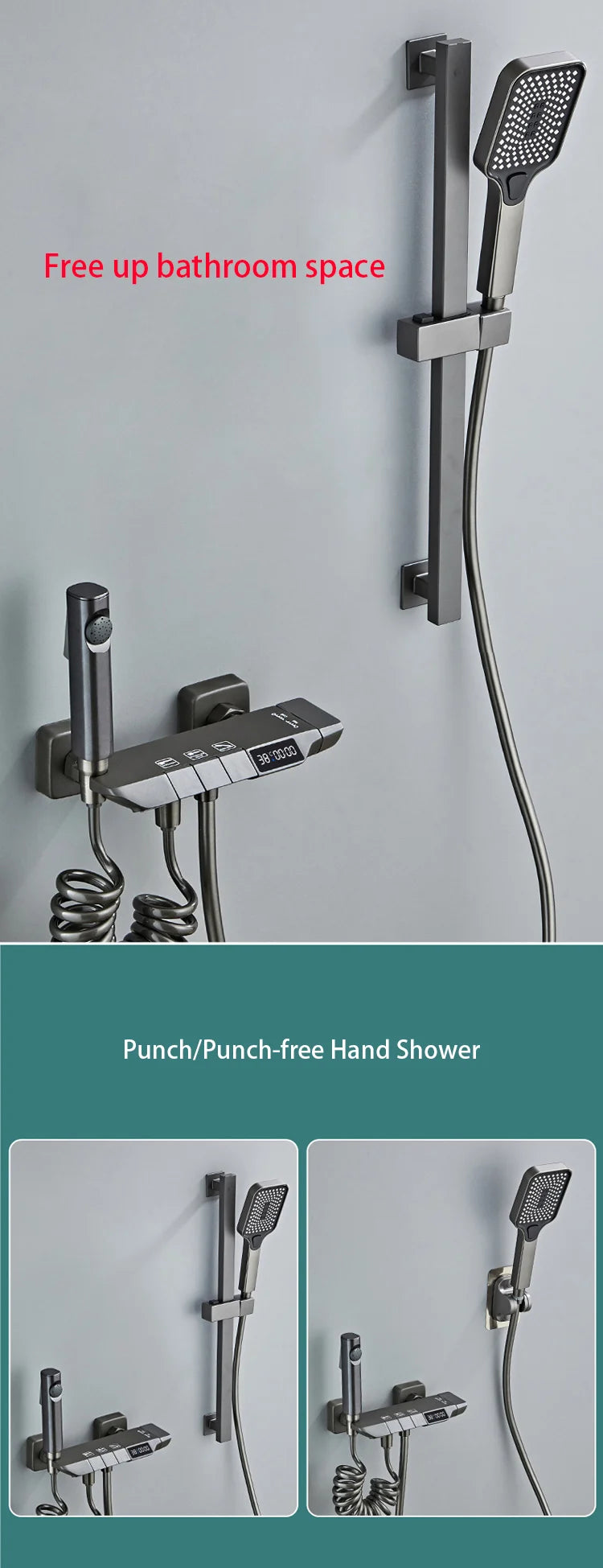 Modern Shower System Full Set Grey 2 Way Piano Keys Bathroom Shower Set Wall Mounted Brass Bathtub Digital Display Shower Faucet