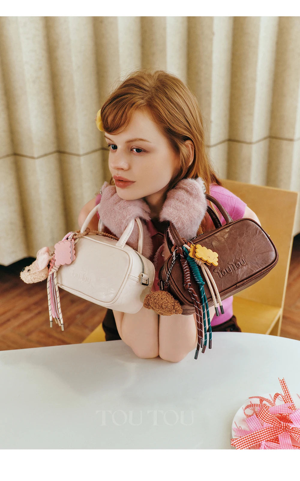 TOUTOU Boston Bowling Bag Imitation Plant Tanning Autumn Shoulder Handheld Crossbody Mini Purse for Women Teacher Christmas Gift