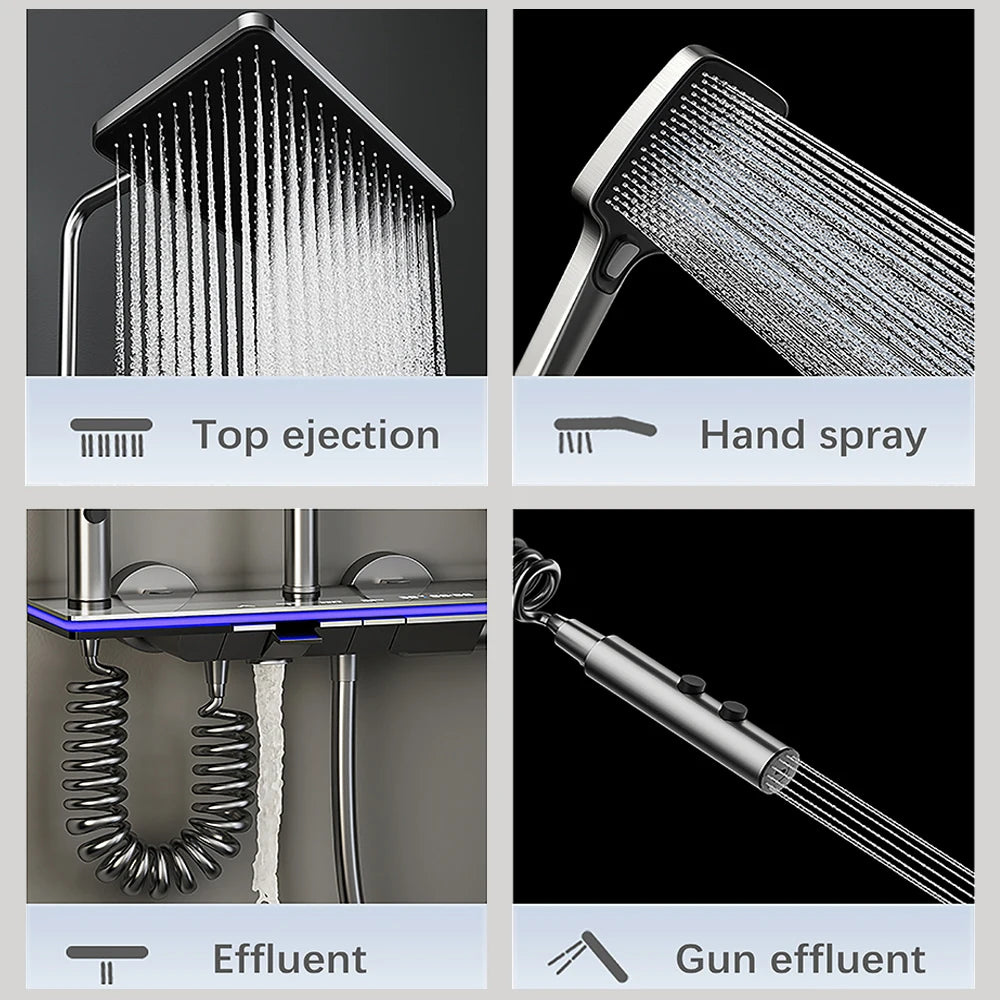 Modern Bathroom Faucet Set Wall Mounted LED Display Rain Shower System Bathtub Hot and Cold Mixer Crane Gun Gray Shower Full Set