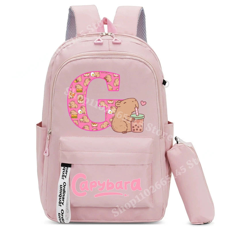 Cute Capibara Kids Backpack with Pencil Case Capybara Kawaii Girls School Bag Stationery Pouch Children Letter A-Z Rucksack Gift