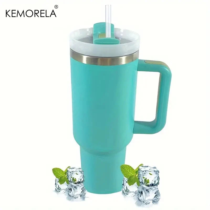 KEMORELA 1PC 900/1200ML Large Capacity Cold Cup Tumbler Stainless Steel Cup Straw Ice Cup Car Cup Handle Thermos Cup Drinkware