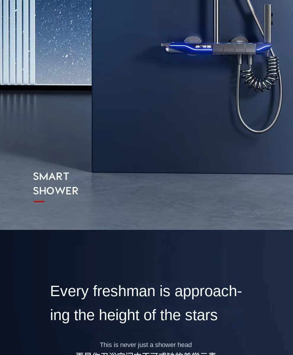 Luxury Wall Mounted Smart Button Digital Display Shower Set Thermostat System Glass Countertop Bathroom Brass Rain Shower Set