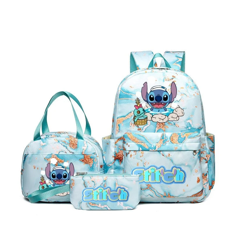 Lilo & Stitch Anime Print Backpack Set With Lunch Bag And Pencil Bag, Large Capacity Lightweight And Breathable Outdoor Knapsack