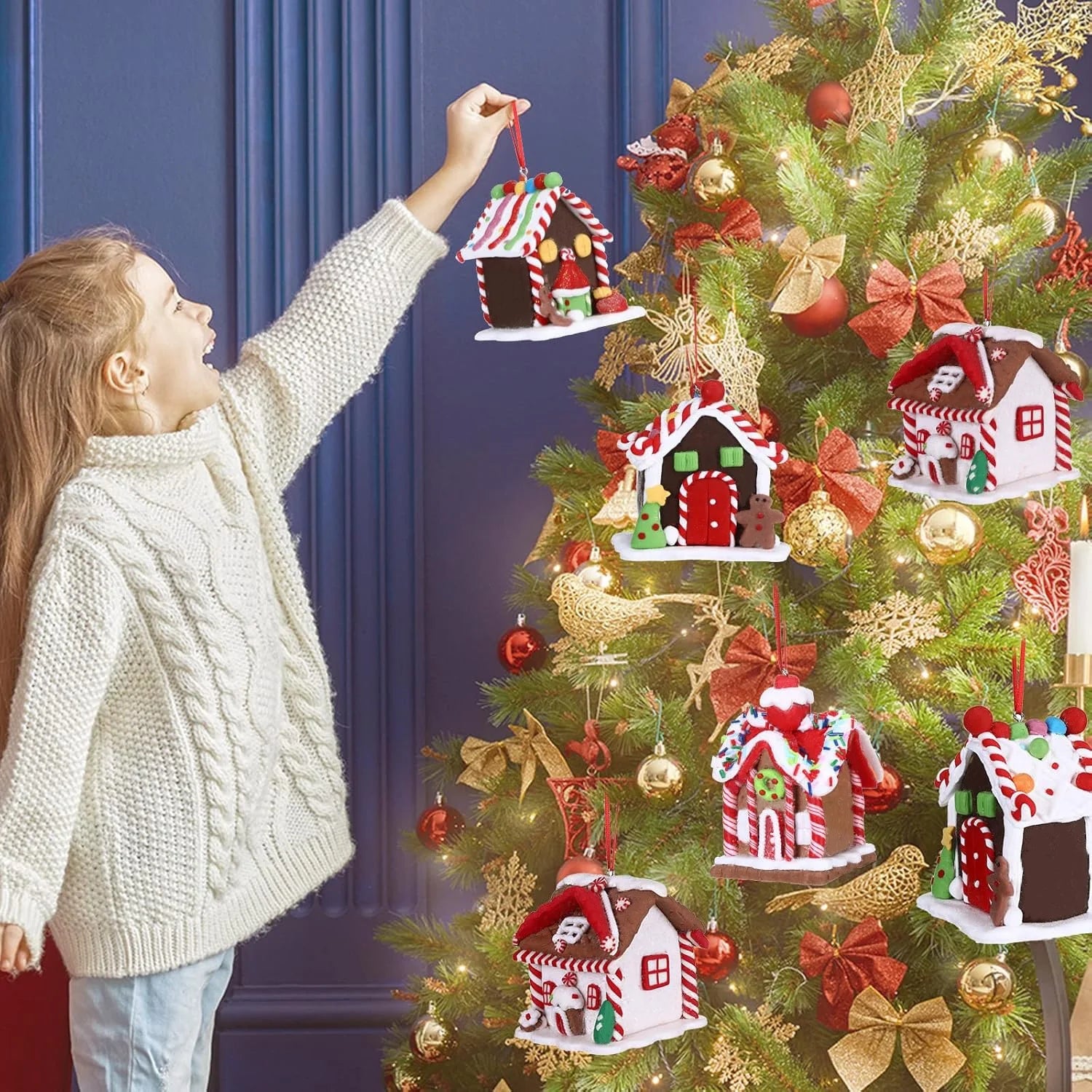 5pcs House Ornaments Holiday Christmas Tree Ornament Set Gingerbread Christmas Decor with Rope Gingerbread House Decor