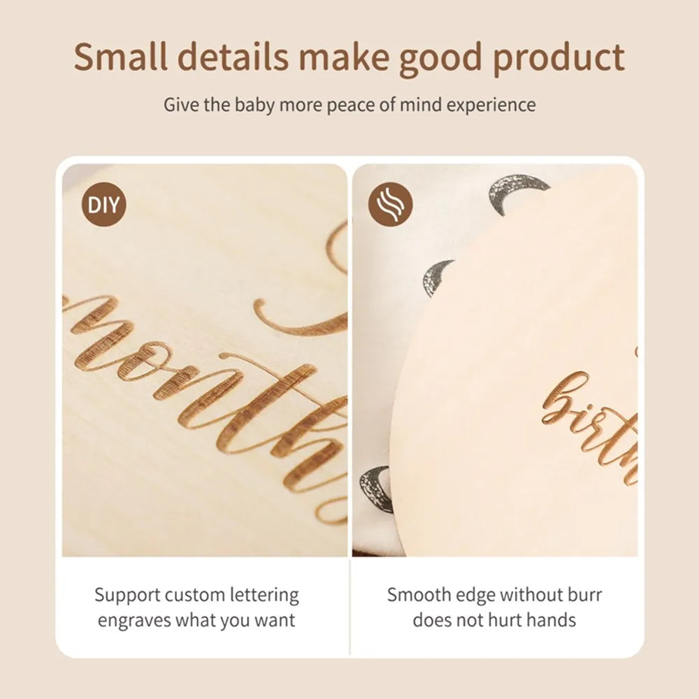 Baby Wooden Memorial Monthly Cards Moon Shape Monthly Newborn Engraved Age Photography Props Accessories Baby Birthing Gift