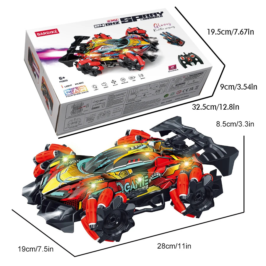 4Wd Rc Stunt Car with Sprayer & Namu Wheels, 2.4g Remote Control Drift Vehicle, Colorful Led Lights & Sound Off-Road Toys Gift F