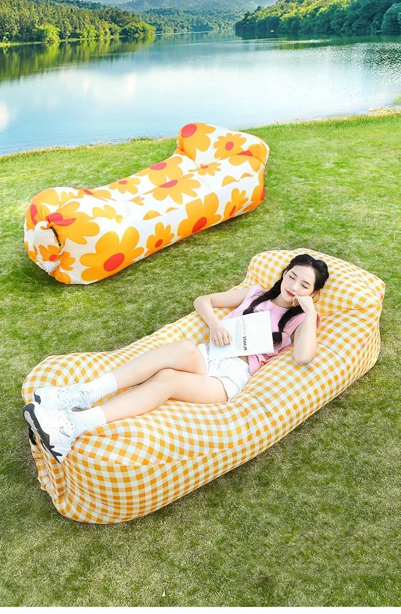 Outdoor Lazy Non Inflatable Sofa Folding Portable Air Cushion Bed Picnic Camping Yellow White Air Bed