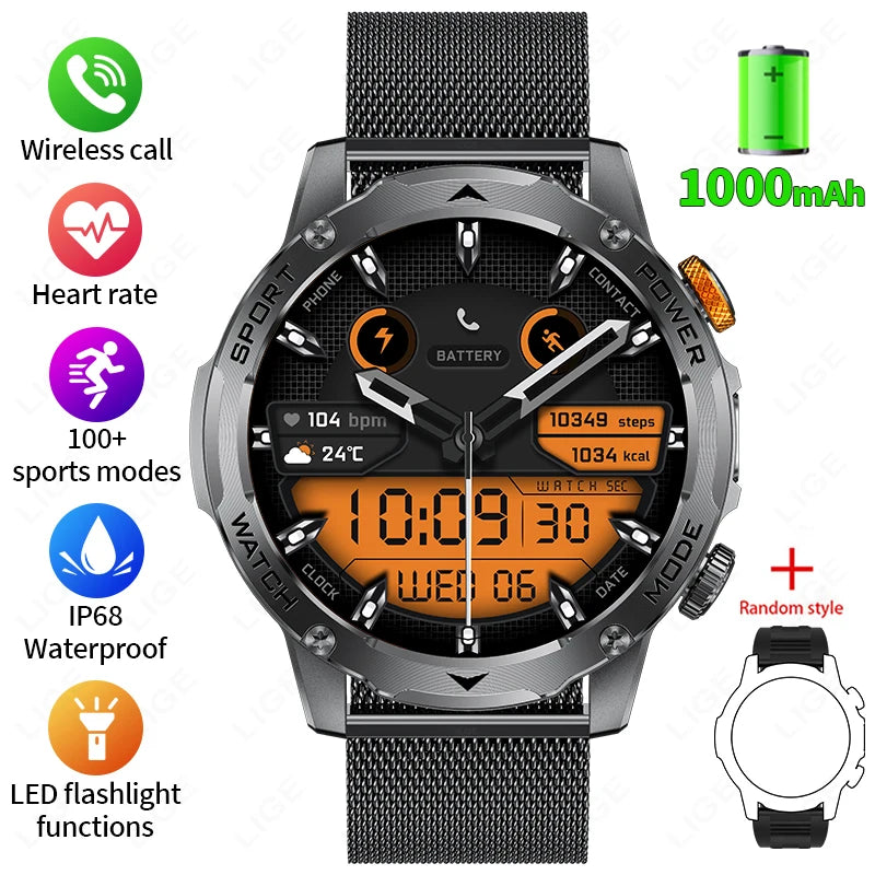 LIGE Military Smart Watch Men 1000mAh Battery Outdoors LED Flashlight Waterproof Heart Rate Sport BT Call 1.7" AMOLED Smartwatch