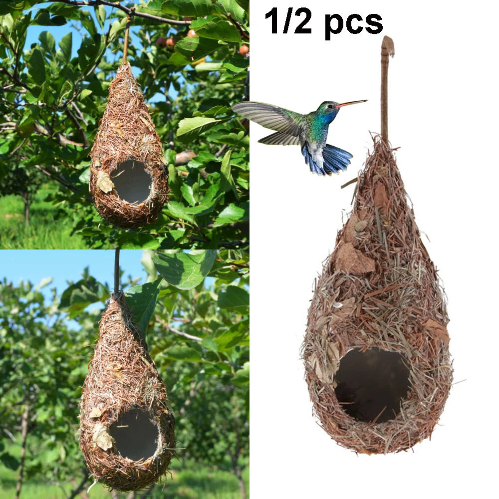 1/2PCS Bird House Natural Grass Hummingbird Bird Nest Fiber Hand-Woven Roosting Nest Bird Hut for Yard Decoration