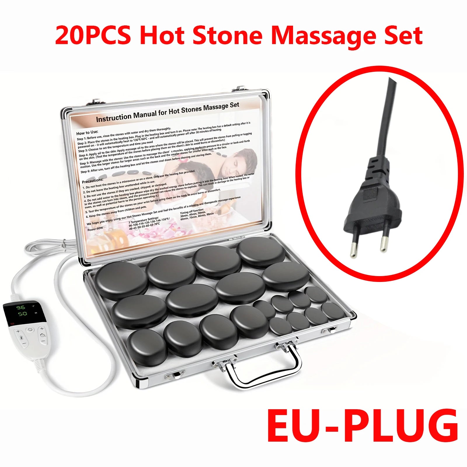 HOT STONE MASSAGE SET WITH TEMPERATURE ADJUSTMENT - Hot Stone Massage Set with Heater, Professional Spa Massage Tool - For Neck,