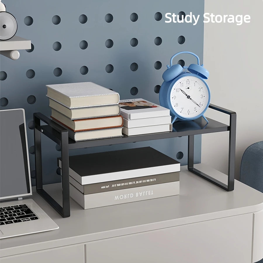 Kitchen cabinet multi-level shelf storage rack, seasoning storage rack, expandable home storage space, heavy-duty metal black