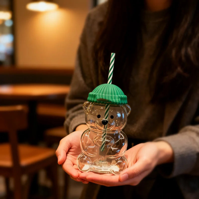 "Barista Bear Tumbler: Clear Bear Straw Cup, Perfect for Hot & Cold Drinks – The Cutest New Drinkware Trend"