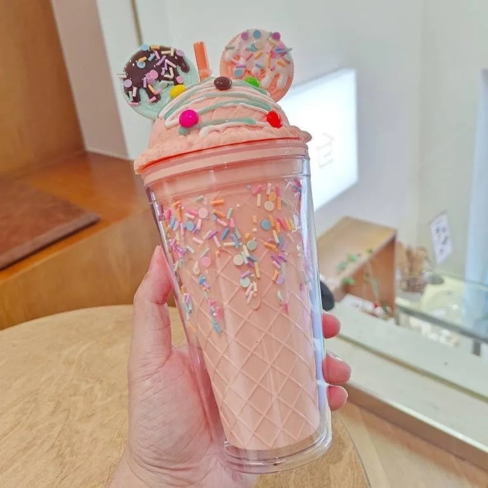 450ml Cute Straw Cup,Ice Cream Lids for Stanley Tumbler,Reusable Plastic Cups,Summer Drinkware Cold Brew,Girl Water Bottle Gift