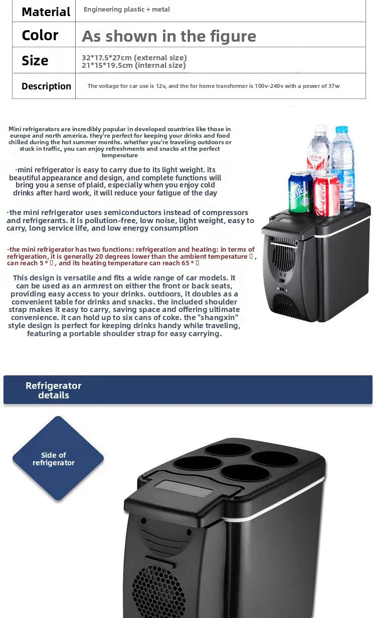 6L Portable Car Refrigerator Semiconductor Cooler Warmer 2in1 Dual Use for Vehicle