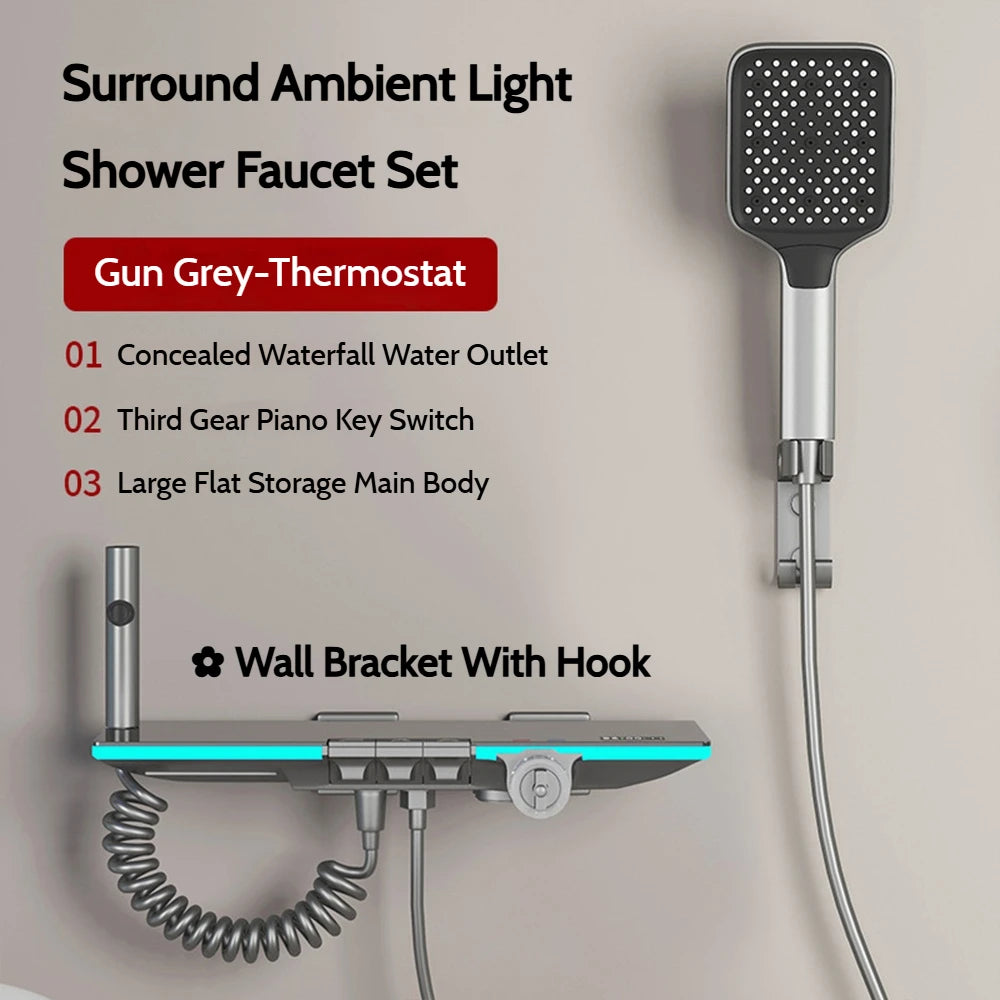 Grey Brass Waterfall Wall Mount Smart Temperature Digital Display Bathtub Faucet Bathroom Faucet Bath Shower Faucet Mixer Crane