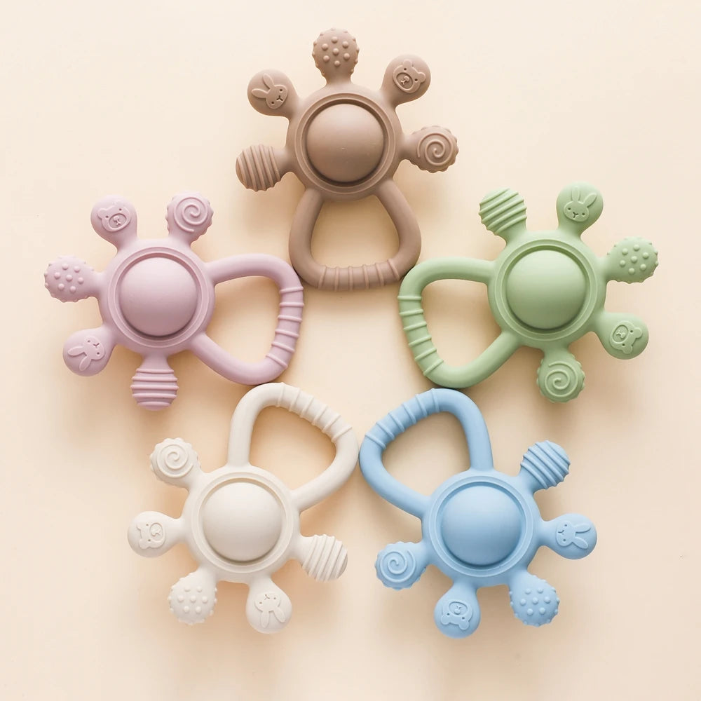 BPA Free Silicone Teether Food Grade Baby 0-12 Toys Teething Rattle Sensory Toys for Toddlers Silicone Hand Bell Soothing Toys