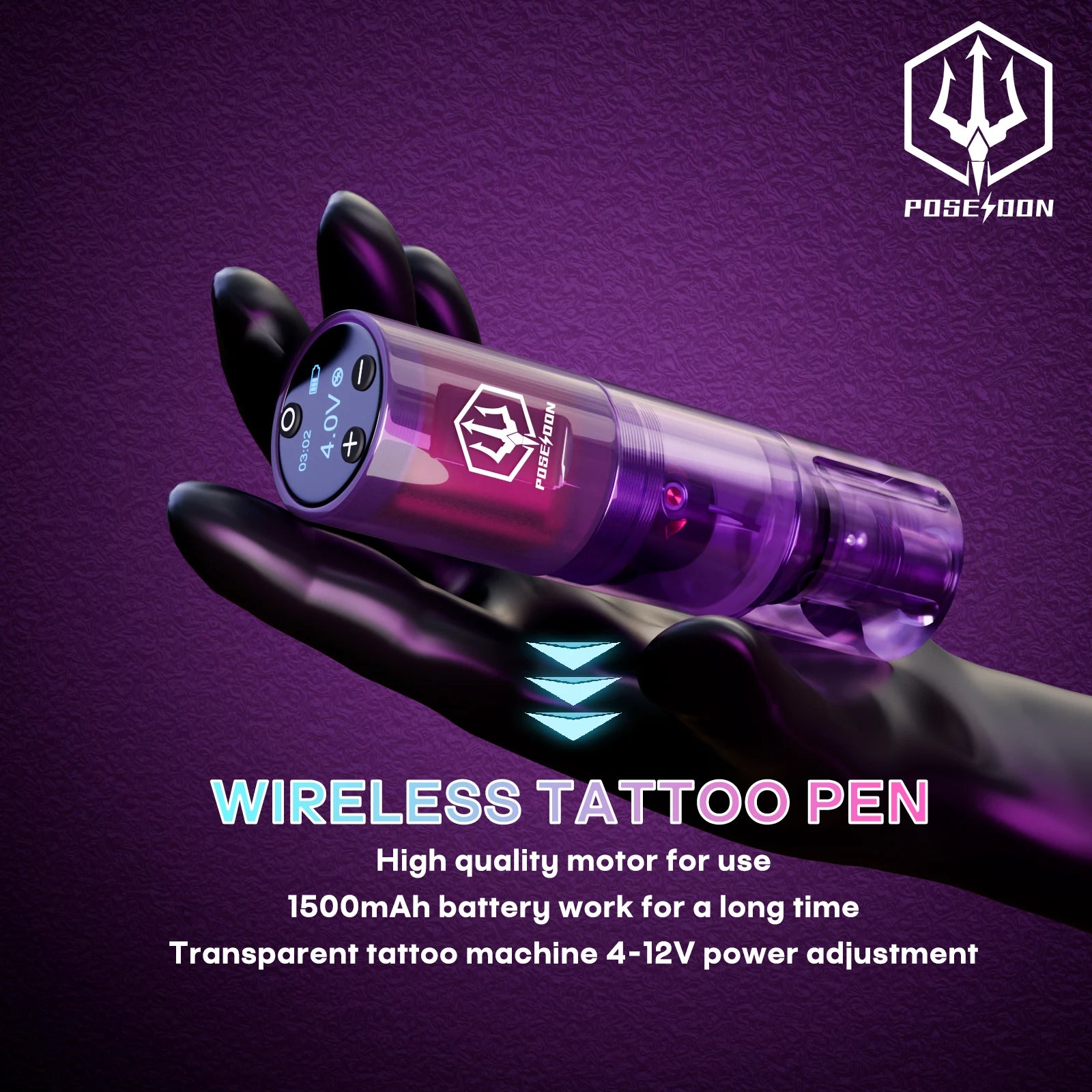 Tattoo Kit POSEIDON High Power Tattoo Pen Kit For Permanent Makeup Tattoo Machine Kit Hot Purple Tattoo Power Supply Tattoo Gun