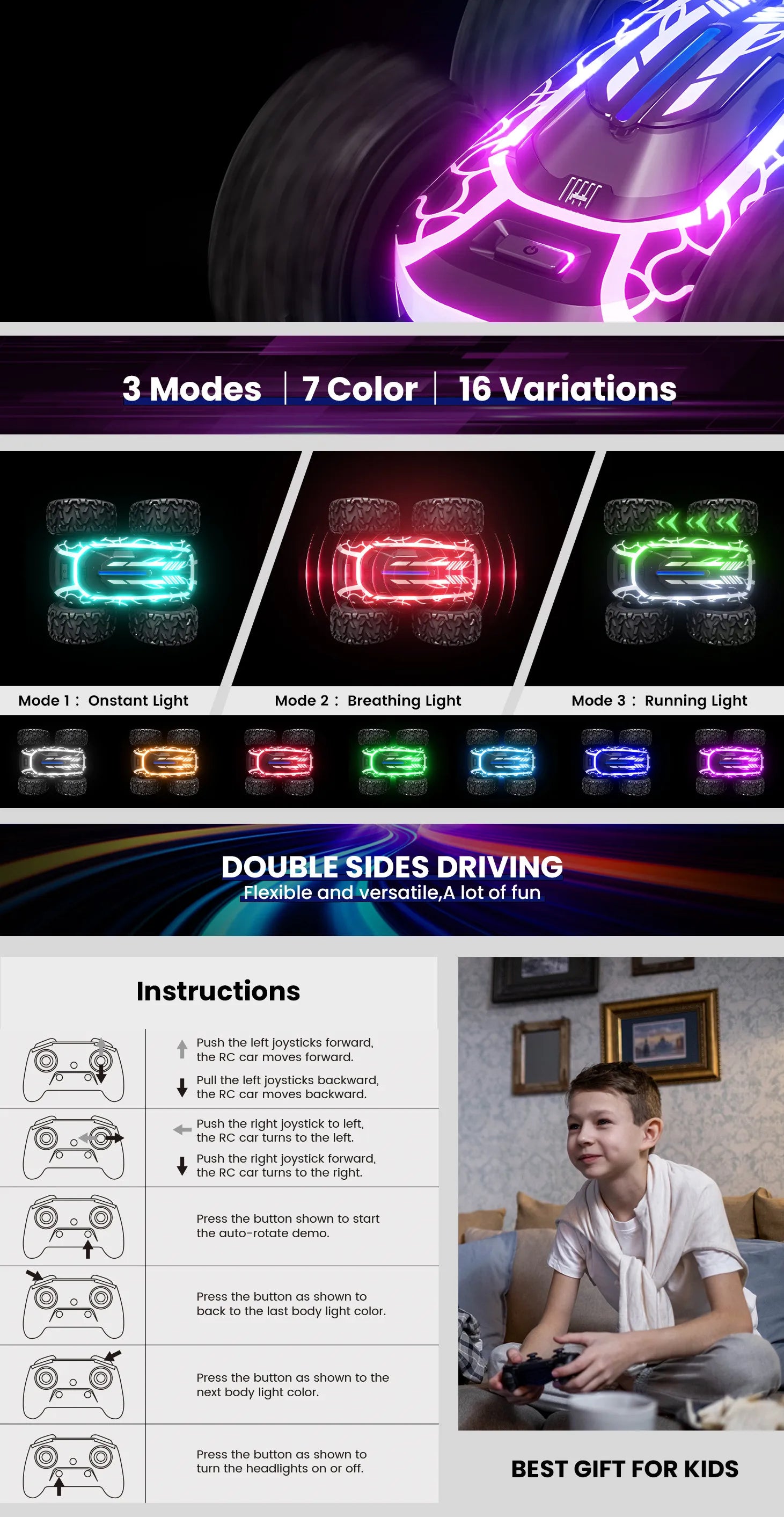 Remote Control Car with Lights, 2.4Ghz RC Car Double Sided 360°Flip RC Stunt Cars,Portable Rechargeable Toy Car for Kids&Adults