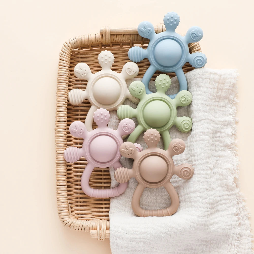 BPA Free Silicone Teether Food Grade Baby 0-12 Toys Teething Rattle Sensory Toys for Toddlers Silicone Hand Bell Soothing Toys