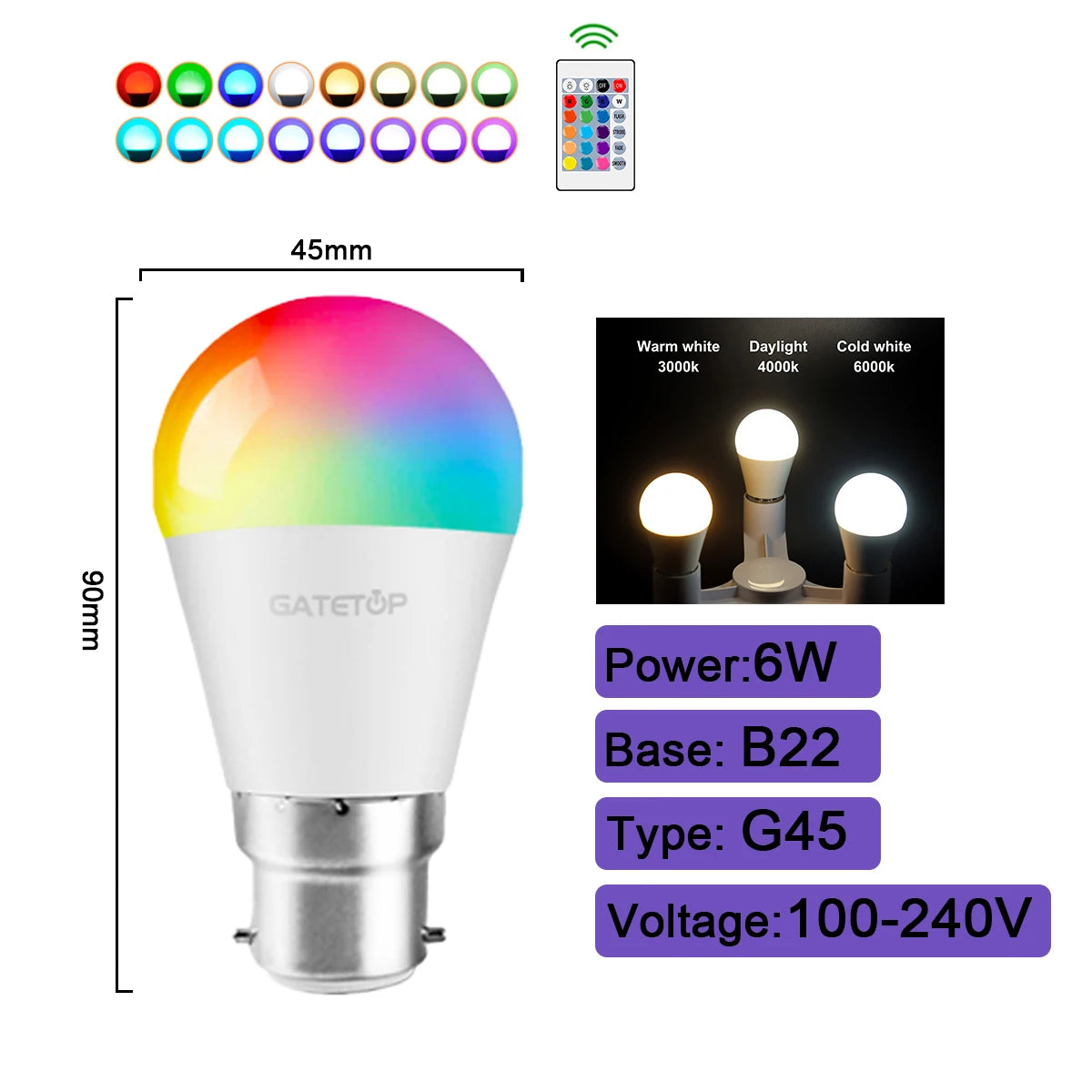 1-10PCS Smart RGBW LED Bulb Spotlight E27 E14 B22 GU10 with Infrared Remote Control Suitable for Colorful Home Lighting
