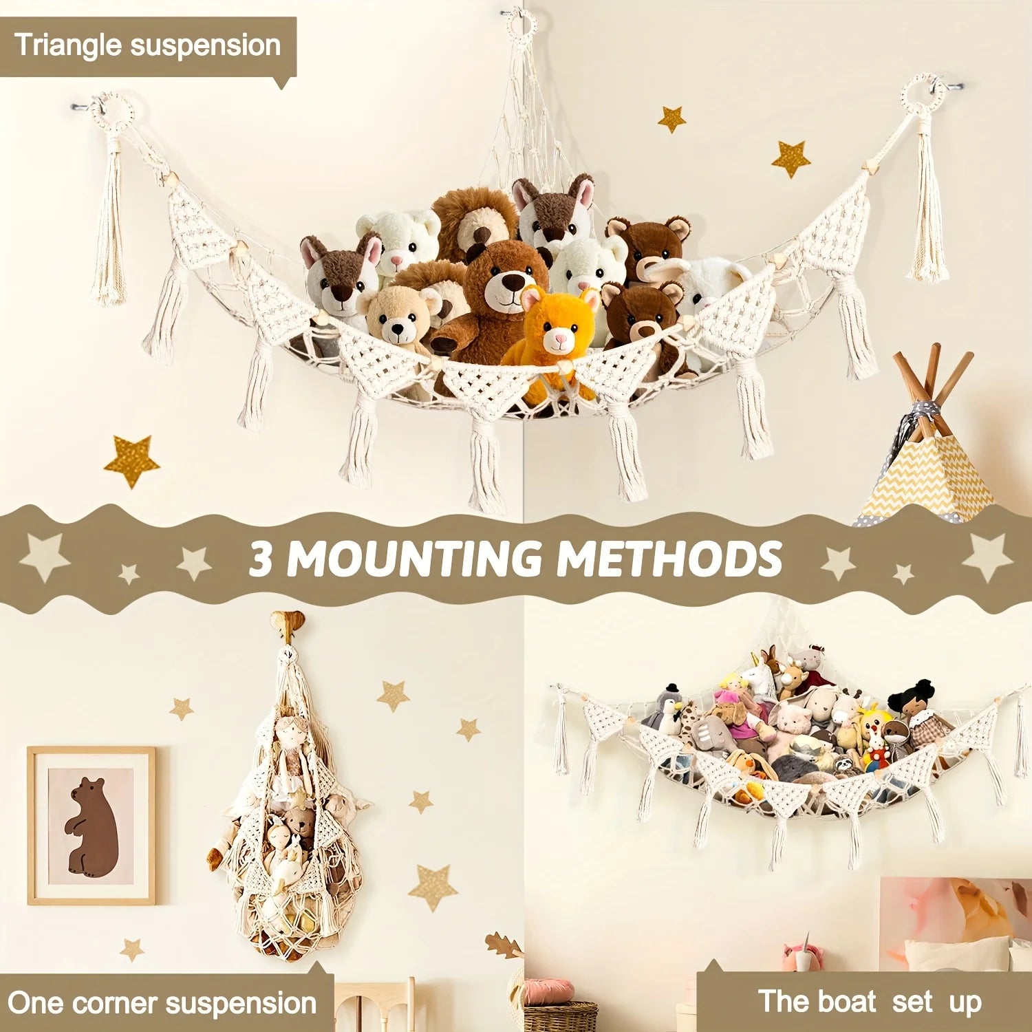 Jumbo Plush Hammock - Cute Stuffed Animal Storage Net, Nursery & Bedroom Wall Decor.