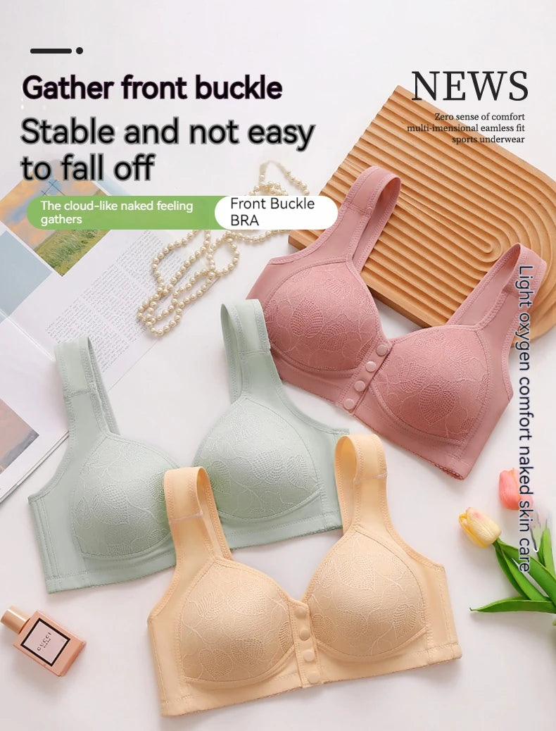 New Pregnant Women's Front Open Button Breastfeeding Bra Women's Large Steel Ring Free Bra Traceless Thin Comfortable Bra