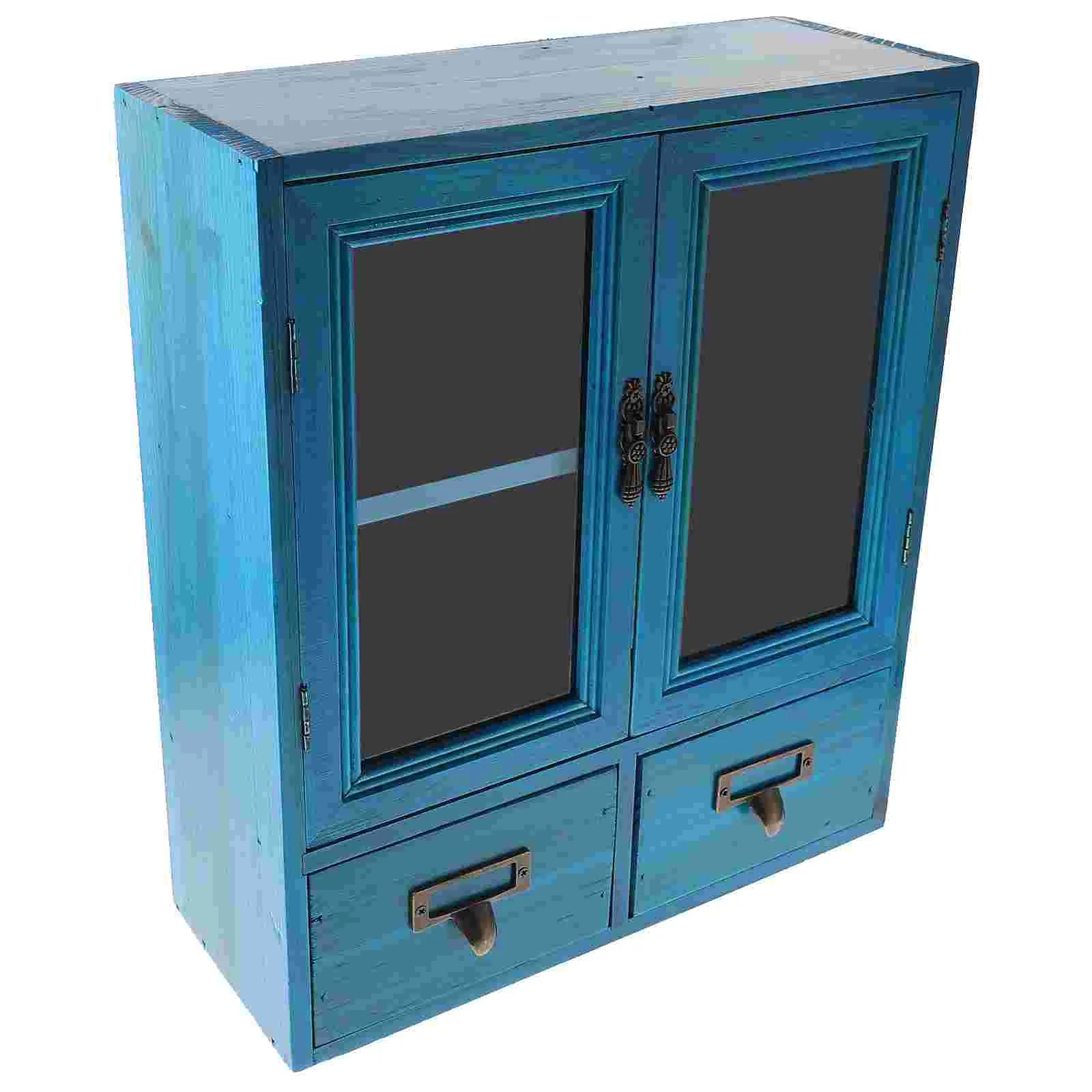 Blue Double Doors Retro Wall Wooden Cabinet Storage Box Display Countertop Furniture Kitchen Living Room House Wall Mount