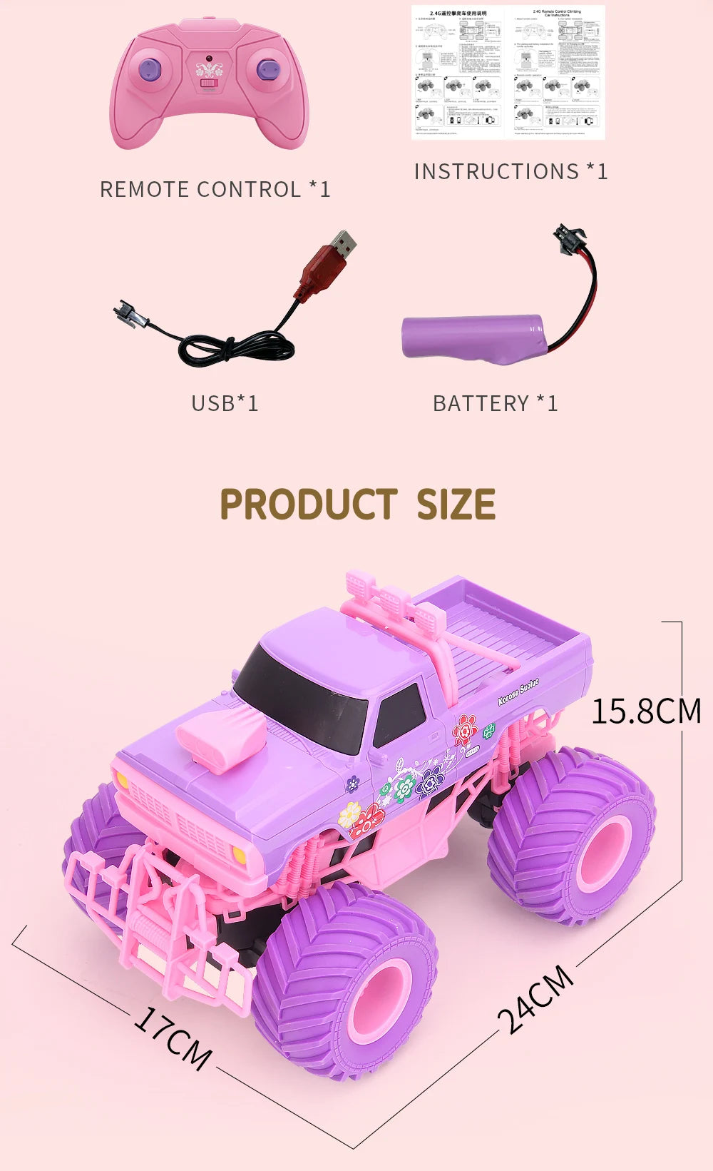 JJRC Barbie RC Car Pink Pickup Truck Electric Climbing Drop-resistant Stunt Remote Control Toy For Children Party Gift Ornament