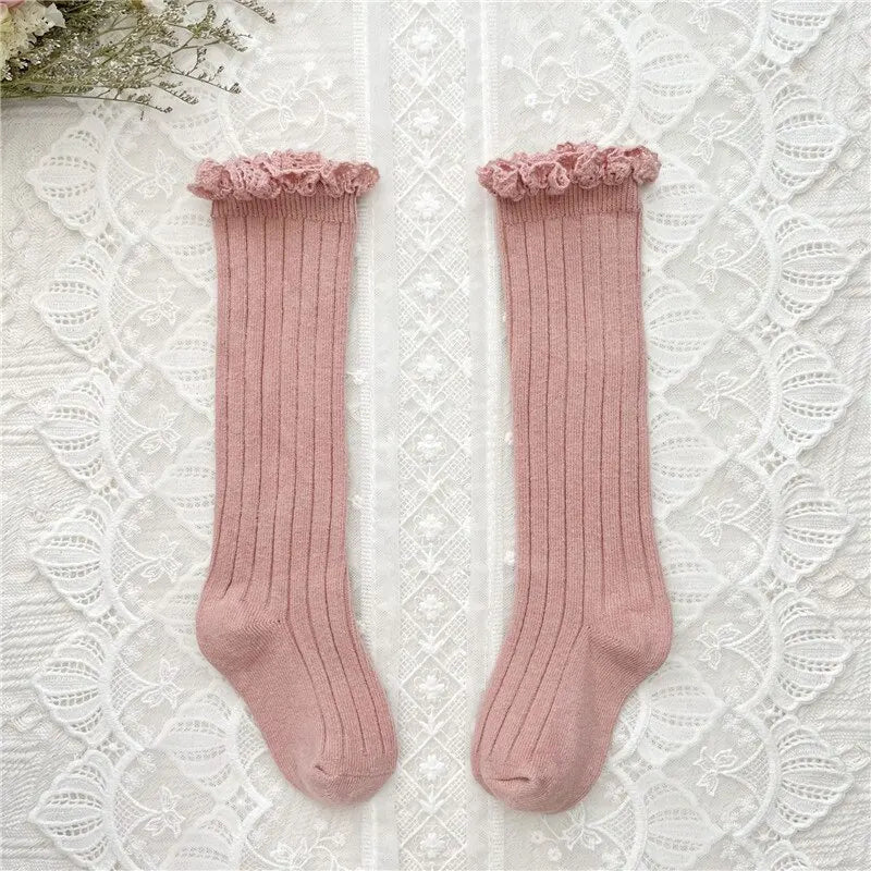 Girls Knee High Socks Baby Kids Toddlers Ruffle Long Soft Cotton Sock Lace Flower Children School Socks