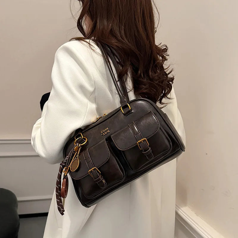 Women's Coffee Brown Multi-Pocket Handbag Shoulder Bag, Stylish Versatile Letter Crossbody Purse for Travel Work Shopping Dates