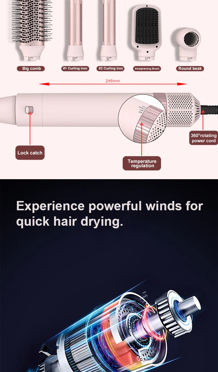 5in1 Hair Dryer Brush Curling Iron Hair Dryer Detachable Auto Wrap Curlers Fast Drying Electric Styling Hair Blower Brush