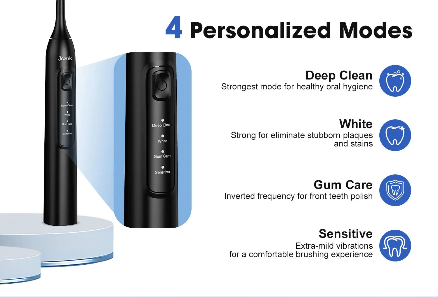 Jeenk JK-Y05 Sonic Electric Toothbrush 4 Modes USB Charger with 6 Replacement Heads Smart Timer Waterproof Soft Bristles Adult