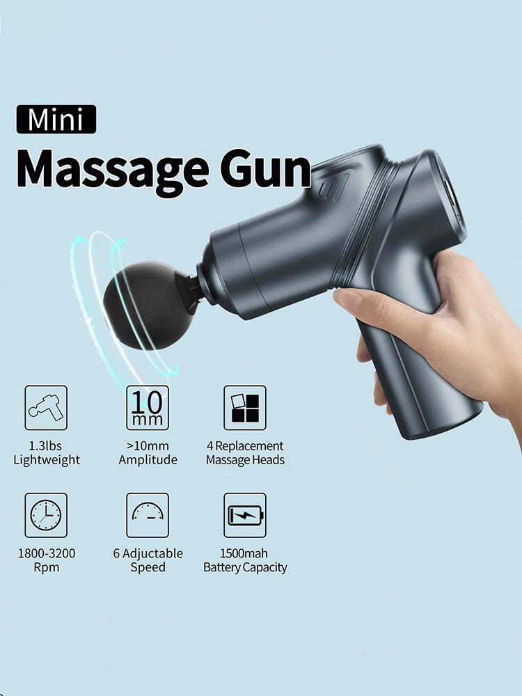 Deep Tissue Mini Massage Gun Muscle Percussion Massager for Athletes 4 Massages Head and 6 Speeds Grey