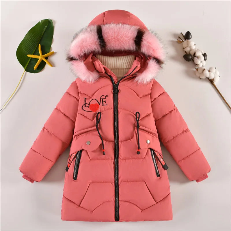 5-14 Years Old Winter Boys Girls Jacket Long Style Hooded Fur Collar Colorful Heavy Coat For Kids Children Outerwear