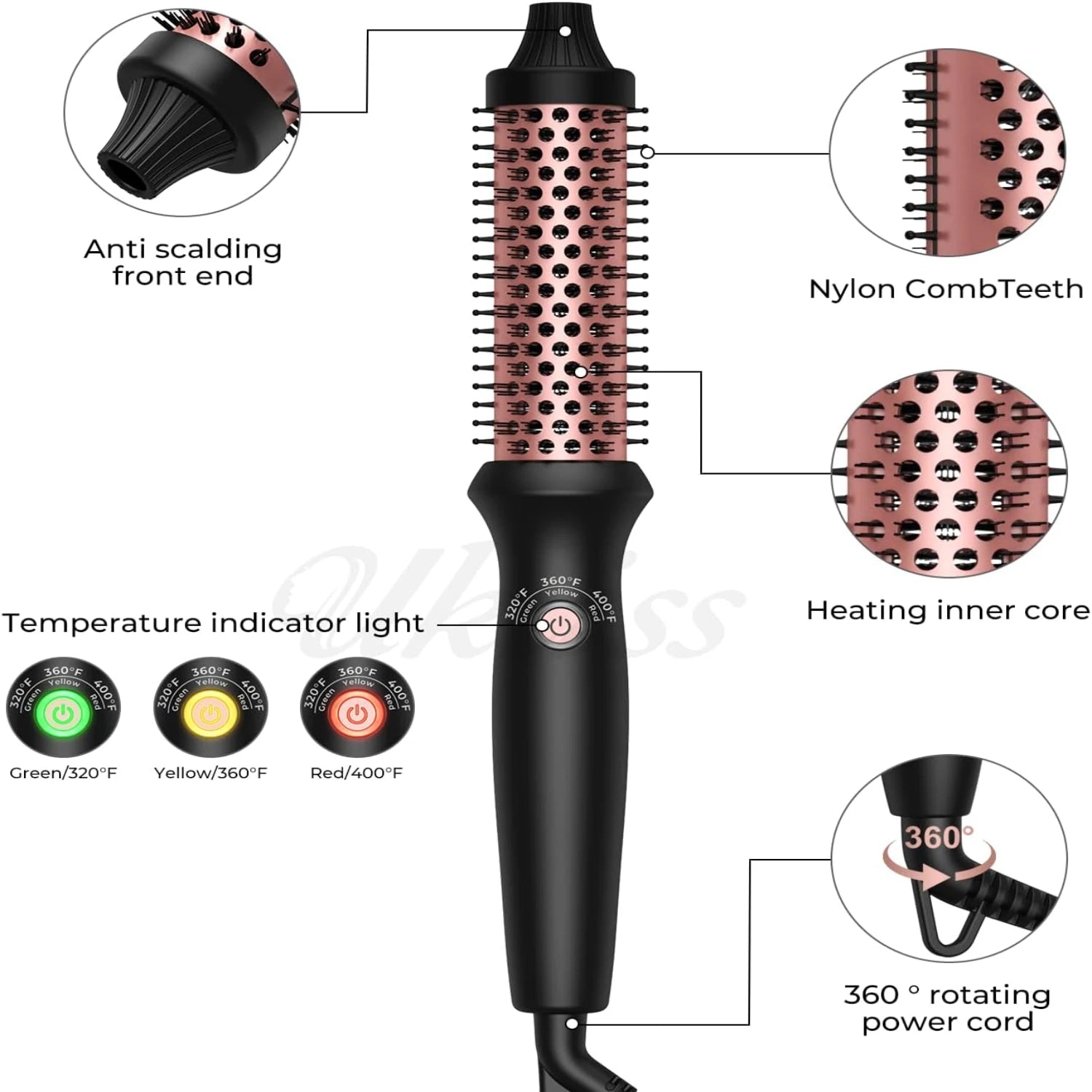Voluminous Thermal Brush for Curling Hair, 1.25 Inch Ceramic Tourmaline Ionic Heated Curling Iron Comb with LCD Display, Adjusta