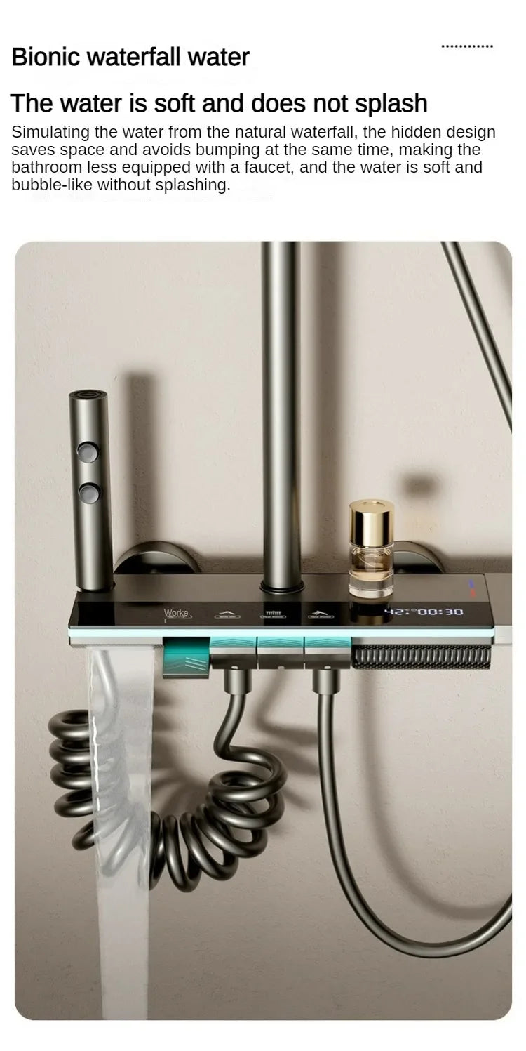 Grey shower Set Four-Function Smart Digital Display  Shower System Rainfall Pressurized Wall-mounted Piano Key Shower Faucet Set