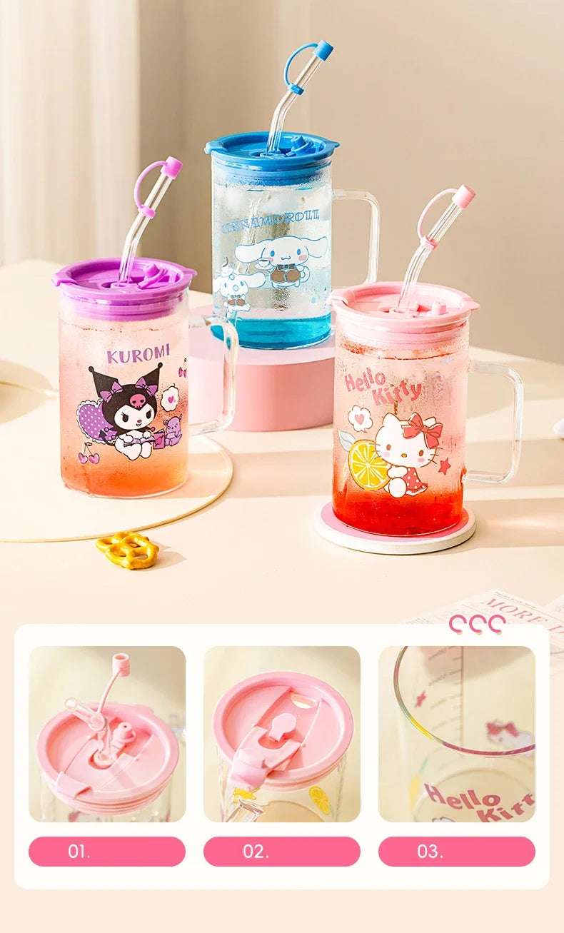 For Sanrio Collaboration Straw Glass Cup Transparent Coffee Mug Cartoon Print Water Cup with Scale＆Handle Home/Office Drinkware