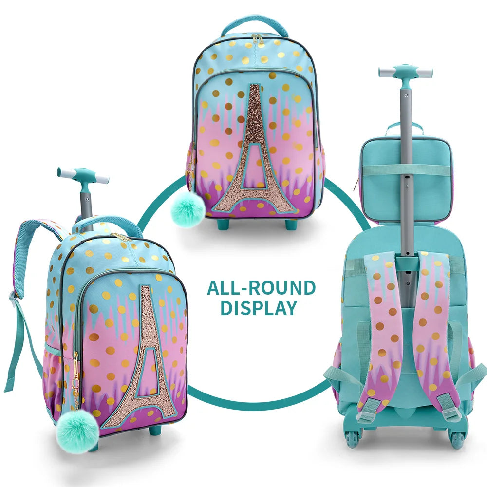 3PCS Rolling Backpack for Girls Kids  Wheeled School BookBag With Lunch And Pen Bag  Iron tower Pink  Glow-in-the-dark Function