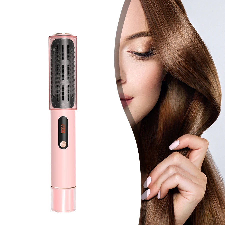 LED Hair Straightener Brush - Cordless Hot Air Styling Comb w/ Ceramic Ion Tech, Adjustable Temp & USB-C Fast Charge