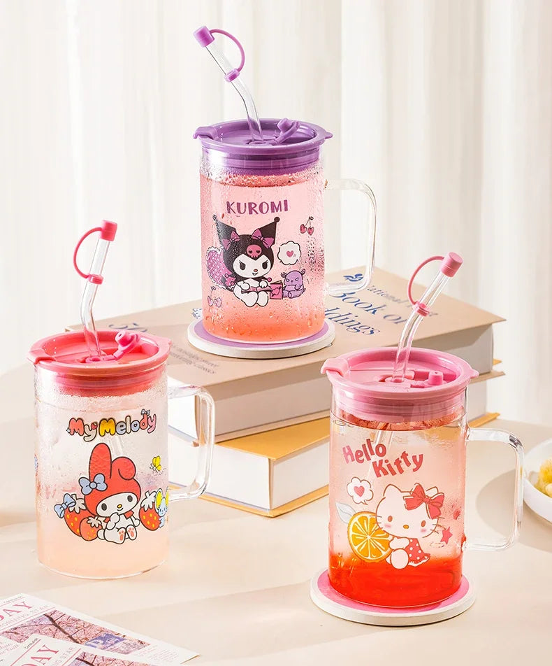 For Sanrio Collaboration Straw Glass Cup Transparent Coffee Mug Cartoon Print Water Cup with Scale＆Handle Home/Office Drinkware