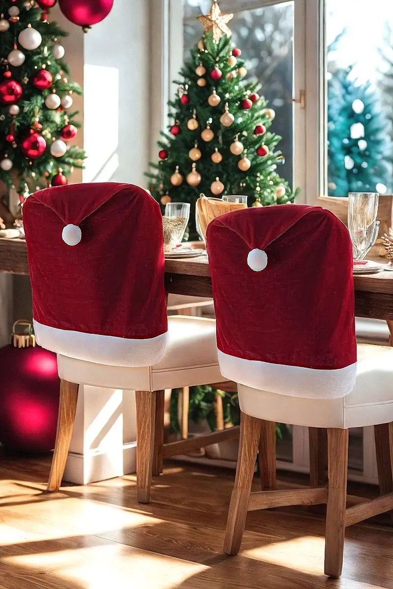 1-6PCS Christmas Decor Chair Covers Santa Claus Red Hat Chair Cap Kitchen Dining Chair Slipcovers Sets For Christmas Holiday