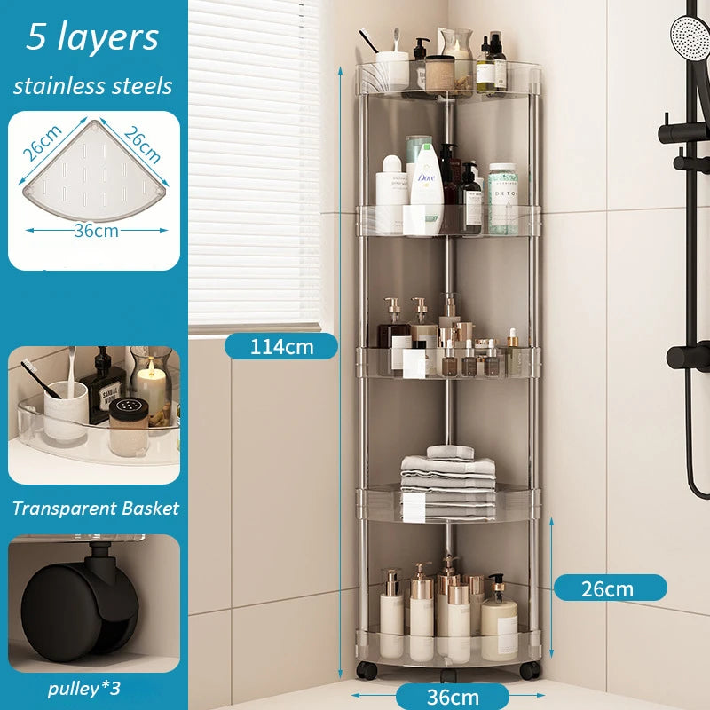 Fashion Rack Multi-Layer Transparent Bathroom Shelf Washbasin Storage Trolley Easy-Move Corner Space-Saving Toilet Rack